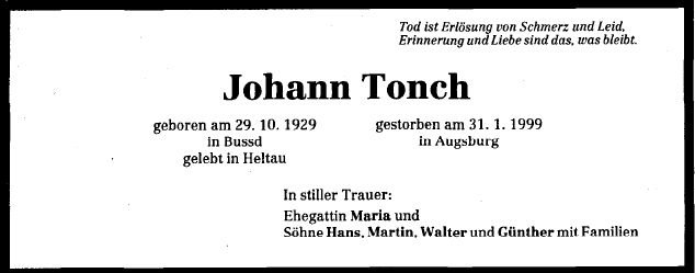 Tonch Johann 1929-1999 Todesanzeige